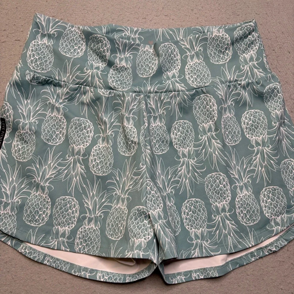Love Fitness Shorts Women Large Teal Pineapple Print Activewear Running Lined